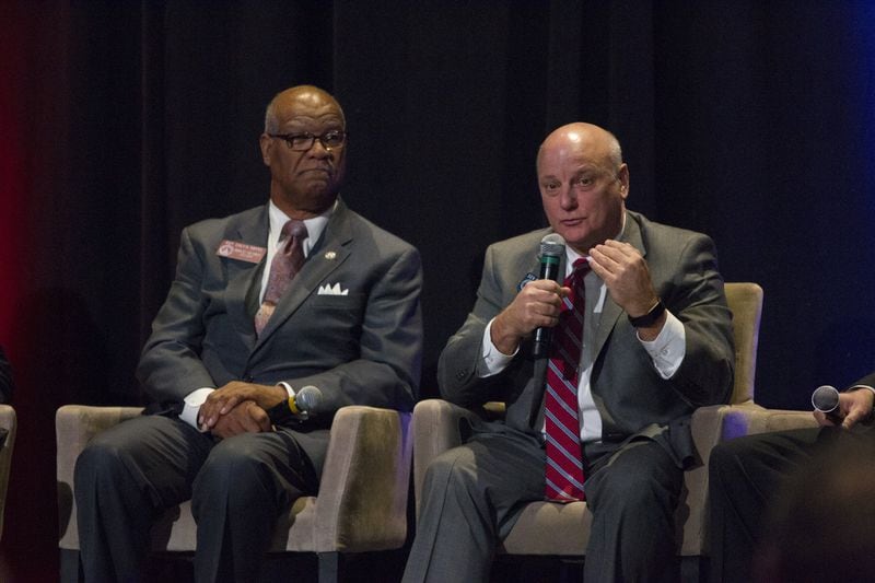Senator Brandon Beach (right) speaks during a panel discussion on Georgia’s transportation future at the 2018 State of Transportation Breakfast at the Georgia Freight Depot in Atlanta. (REANN HUBER/REANN.HUBER@AJC.COM)