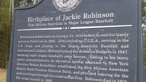 The historical marker recognizing the birthplace of African American baseball great Jackie Robinson was found riddled by gunfire the week of Feb. 14, 2021, in Grady County, Georgia.