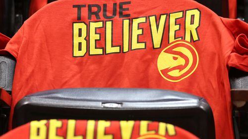Hawks’ True Believer shirts cover the areana seats for fans for Game 3 of a second-round NBA basketball playoff series against the Cavaliers at Philips Arena on Friday, May 6, 2016, in Atlanta. Curtis Compton / ccompton@ajc.com