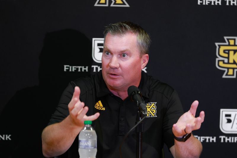 Kennesaw State University football head coach Brian Bohannon speaks to the media about the upcoming football season on Monday, July 24, 2023. (Natrice Miller/ Natrice.miller@ajc.com)