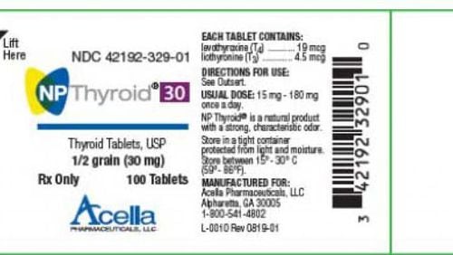This is the product label for the 30 mg thyroid tablets that have been recalled by an Alpharetta company.