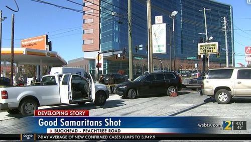 Two good Samaritans were shot when they tried to stop two men from stealing a vehicle Tuesday morning, authorities said.