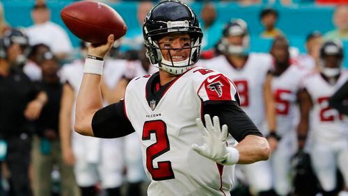 MIAMI GARDENS, FL - AUGUST 10:   Matt Ryan #2 of the Atlanta Falcons throws a first quarter touchdown pass against the Miami Dolphins during a preseason game at Hard Rock Stadium on August 10, 2017 in Miami Gardens, Florida. (Photo by Joe Skipper/Getty Images)