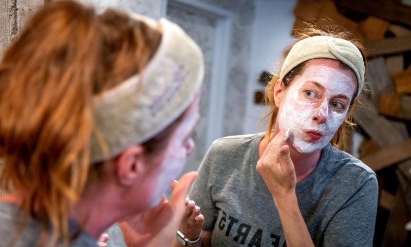 Amy Leavell Bransford applies her DIY yogurt facial mask at her Atlanta salon June 30, 2020. STEVE SCHAEFER FOR THE ATLANTA JOURNAL-CONSTITUTION
