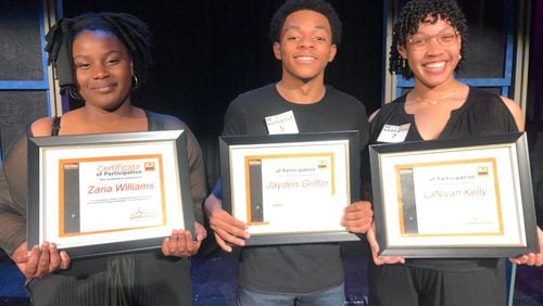 Atlanta Regional Finals winners of the Next Narrative Monologue Competition (from left): Zaria Williams (second place), Jayden Griffin (third place) and LaNiyah Kelly (first place). Photo courtesy of True Colors Theatre Company