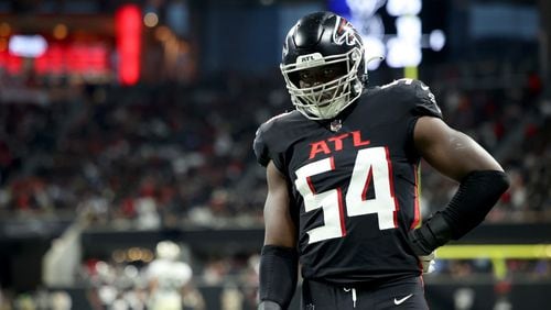 Atlanta Falcons inside linebacker Foye Oluokun (54) prepares to play on defense during the second half against the New Orleans at Mercedes-Benz Stadium, Sunday, January 9, 2022, in Atlanta. (Jason Getz/Special to the AJC)