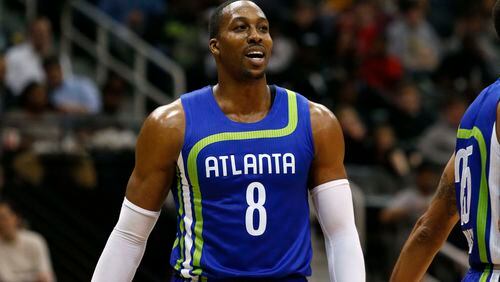 Atlanta Hawks center Dwight Howard (8) in action against the Cleveland Cavaliers in the second half of an NBA basketball game, Friday, March 3, 2017, in Atlanta.The Cavaliers won 135-130. (AP Photo/Brett Davis)
