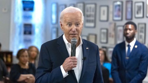 President Joe Biden speaks with supporters at Mary Mac's Tea Room, Saturday, May 18, 2024, in Atlanta. (AP Photo/Alex Brandon)