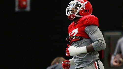 Georgia outside linebacker Davin Bellamy (17) runs a drill at practice in Athens, Ga., Wednesday, Nov. 29, 2017. (Joshua L. Jones/Athens Banner-Herald via AP)
