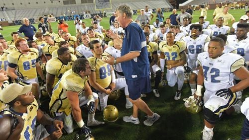 Georgia Tech Yellow Jackets head coach Paul Johnson instructs after Gold Team won 21 - 16 over the White Team during 2017 Georgia Tech Football Spring Game at Bobby Dodd Stadium on Friday, April 21, 2017.