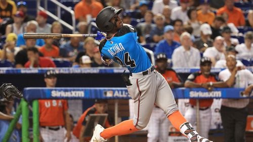 Braves prospect Ronald Acuna in action in the All-Star Futures Game in Miami on Sunday. (Photo by Mike Ehrmann/Getty Images)