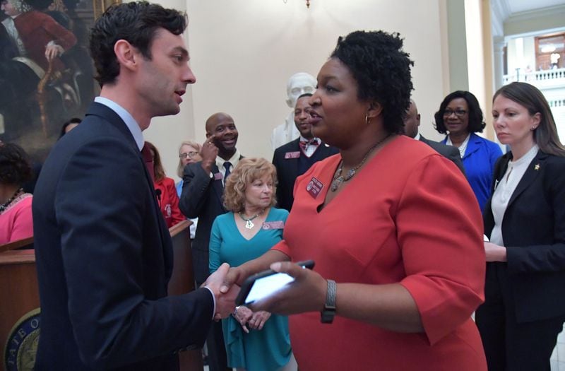 Jon Ossoff meets with Rep. Stacey Abrams and other leading Democrats during a visit to the state Capitol, March 30. Does his election tell us anything about their chances in 2018? (AJC Photo / Hyosub Shin)