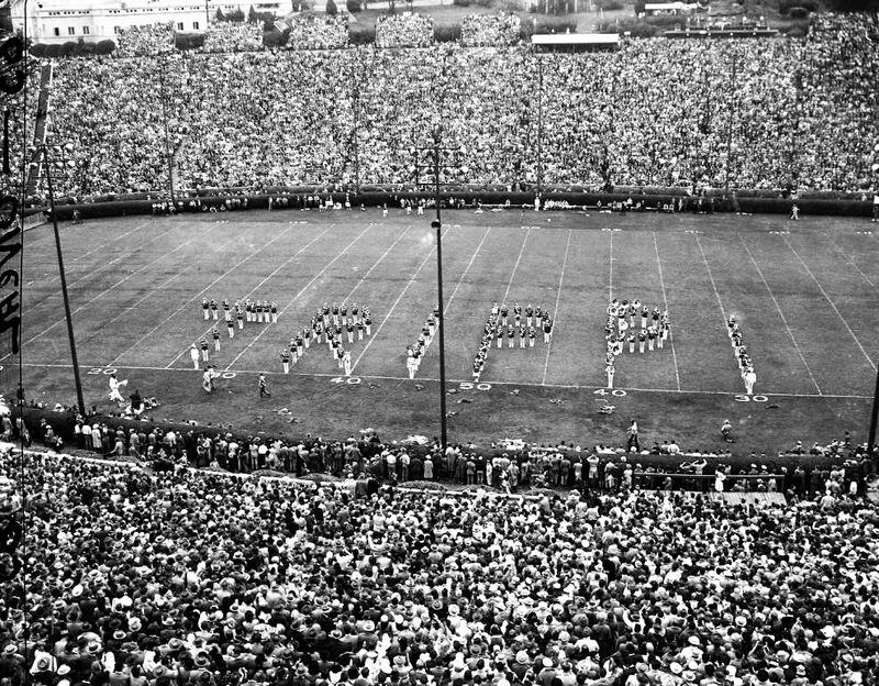 Georgia Bulldogs' marching band pays tribute to star Charley Trippi, 1946.