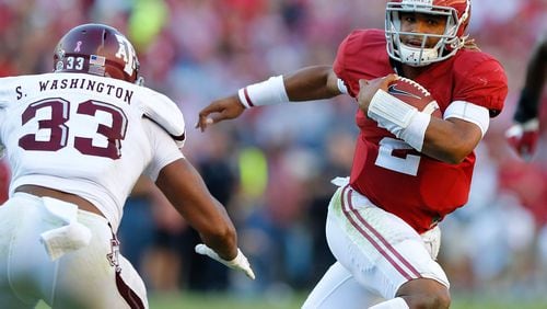 Alabama freshman quarterback Jalen Hurts (2) could play his next two games in the Georgia Dome — Saturday’s SEC Championship game and maybe the Chick-fil-A Peach Bowl. (Photo by Kevin C. Cox/Getty Images)