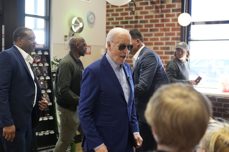 President Joe Biden walks into a Sheetz after stopping enroute to Pittsburgh International Airport, Wednesday, April 17, 2024, in Pittsburgh, Pa. (AP Photo/Alex Brandon)