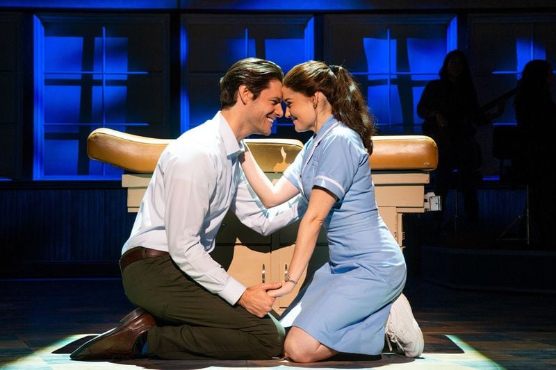 Steven Good (as Dr. Pomatter) and Christine Dwyer (as Jenna) in “Waitress” at the Fox Theatre through Feb. 10. CONTRIBUTED BY PHILICIA ENDELMAN