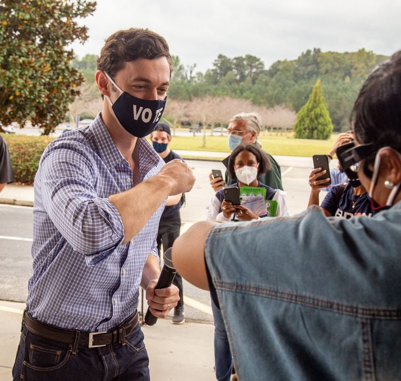   Candidate for United States Senate Jon Ossoff greets people at a rally at the New Birth Missionary Baptist Church in Stonecrest, October 10, 2020. STEVE SCHAEFER / SPECIAL TO THE AJC 