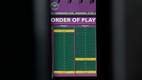 An order of play sign in the grounds of Wimbledon as it is announced that the Wimbledon tennis Championships 2020 has been canceled due to public health concerns linked to the coronavirus, in London, Wednesday, April 1, 2020.
