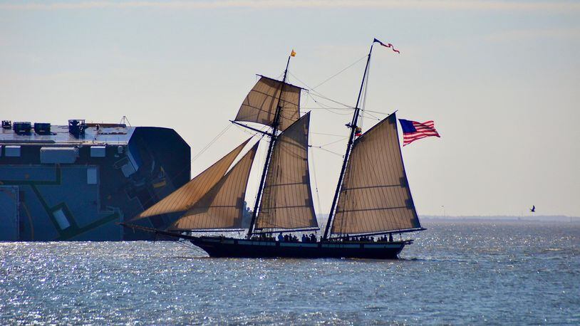 Sudie Teszler took this photo on Nov. 29 from Saint Simon’s Island at Pier Village.    It's the Privateer Tall Ship Lynx passing the sinking Golden Ray.