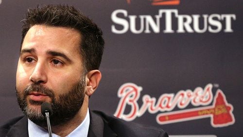 Atlanta Braves new GM Alex Anthopoulos takes questions  during his introductory press conference Monday, Nov. 13, 2017, at SunTrust Park in Atlanta.