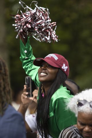 Tanicka Sherman cheers during the Morehouse College commencement ceremony on Sunday, May 21, 2023, on Century Campus in Atlanta. The graduation marked Morehouse College's 139th commencement program. CHRISTINA MATACOTTA FOR THE ATLANTA JOURNAL-CONSTITUTION