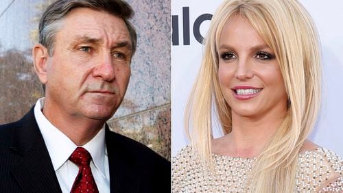 Jamie Spears, father of singer Britney Spears, leaves the Stanley Mosk Courthouse in Los Angeles on Oct. 24, 2012, left, and Britney Spears arrives at the Billboard Music Awards in Las Vegas on May 17, 2015. (AP Photo)