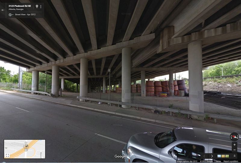 APRIL 2012: This image from Google Maps Street View shows the underneath of I-85 where the interstate passes over Piedmont Road, looking to the northeast. (Google Maps Street View)