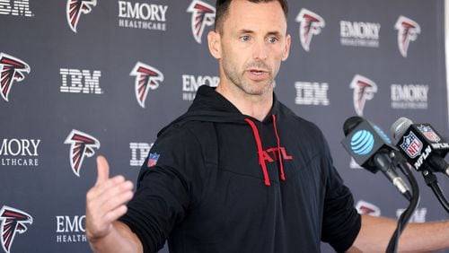 Falcons vice president of player personnel Kyle Smith speaks to members of the media during training camp at the Falcons Practice Facility Thursday, July 28, 2022, in Flowery Branch, Ga. (Jason Getz / Jason.Getz@ajc.com)