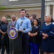 U.S. Sen. Jon Ossoff announces 25 of his Senate colleagues have signed on to his HELPER ACT during a Monday press conference at the north precinct of the Henry County Police Department in McDonough. (Jamie Spaar for the Atlanta Journal Constitution)