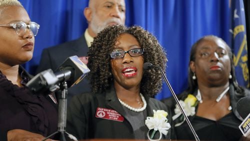 Mar. 9, 2017 - Atlanta - Rep. Dar’shun Kendrick, D - Lithonia, speaks out about Tommy Hunter. The Georgia Legislative Black Caucus calls for Gwinnett County Commissioner Tommy Hunter, who called U.S. Rep. John Lewis a “racist pig” on Facebook, to resign. BOB ANDRES /BANDRES@AJC.COM