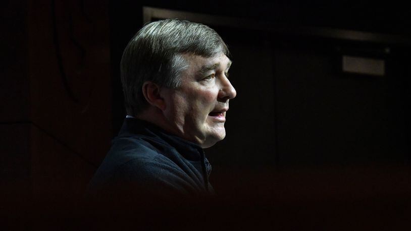 University of Georgia football coach Kirby Smart, shown at a news conference in March, addressed off-field issues surrounding his team in an interview Tuesday. (Hyosub Shin / Hyosub.Shin@ajc.com)