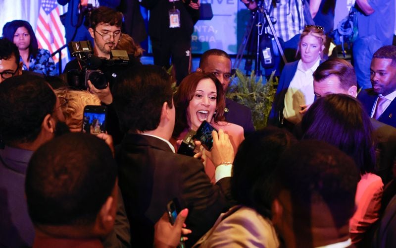 Vice President Kamala Harris greets supporters following an event Monday at the Georgia International Convention Center to kick off her economic tour focusing on improving opportunities for Black men. (Natrice Miller/ AJC)