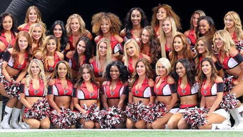 October 15, 2017 Atlanta: The Falcons cheerleaders gather for a group photo before taking the field in a NFL football game against the Dolphins on Sunday, October 15, 2017, in Atlanta.   Curtis Compton/ccompton@ajc.com