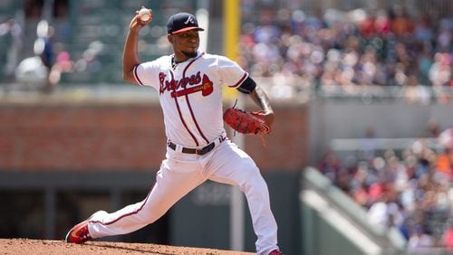 Julio Teheran throws a pitch in the second inning against the Washington Nationals at SunTrust Park on September 15, 2018 .