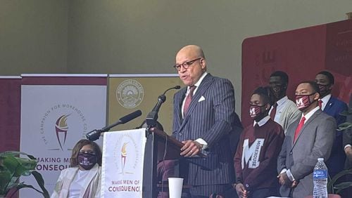 Morehouse College President David A. Thomas speaks on Thursday, Feb. 17, 2022, at the school's announcement of a $500 million fundraising campaign. (Eric Stirgus/Eric.Stirgus@ajc.com)