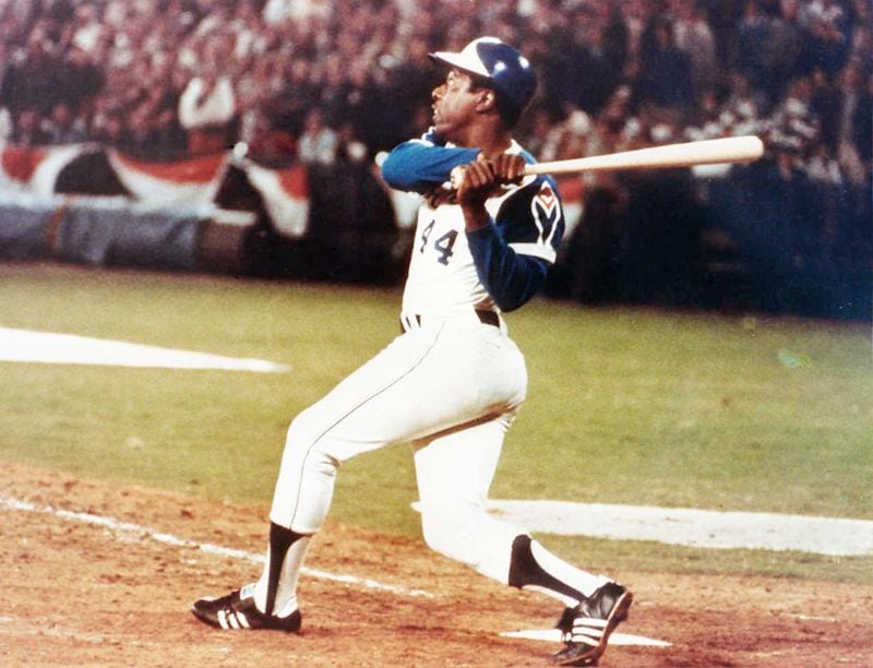 FILE PHOTO:730904. Hank Aaron's 715th homerun on April 8, 1974.