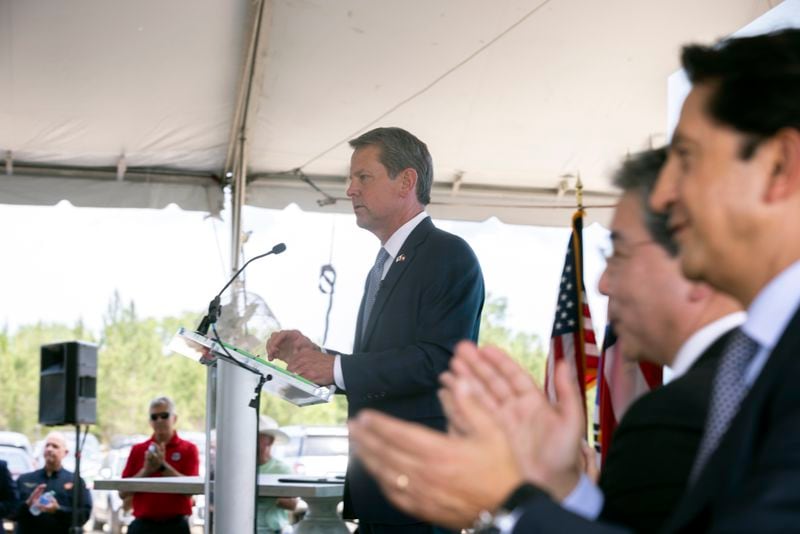 ELLABELL, GEORGIA - MAY 20, 2022:  Governor Brian P. Kemp announces that South Korean automotive giant Hyundai Motor Group is building an electric vehicle plant in Ellabell, Ga. It is the second major electric vehicle factory announcement in Georgia since December as state economic development officials try to turn the Peach State into an important manufacturing hub for battery-powered automobiles. (AJC Photo/Stephen B. Morton)