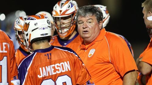 Head coach Dave Huntley talks with Cody Jamieson during a timeout against the Ohio Machine in a Major League Lacrosse game on July 20, 2013 at Ron Joyce Stadium in Hamilton, Ontario, Canada.  (Photo by Claus Andersen/Getty Images)