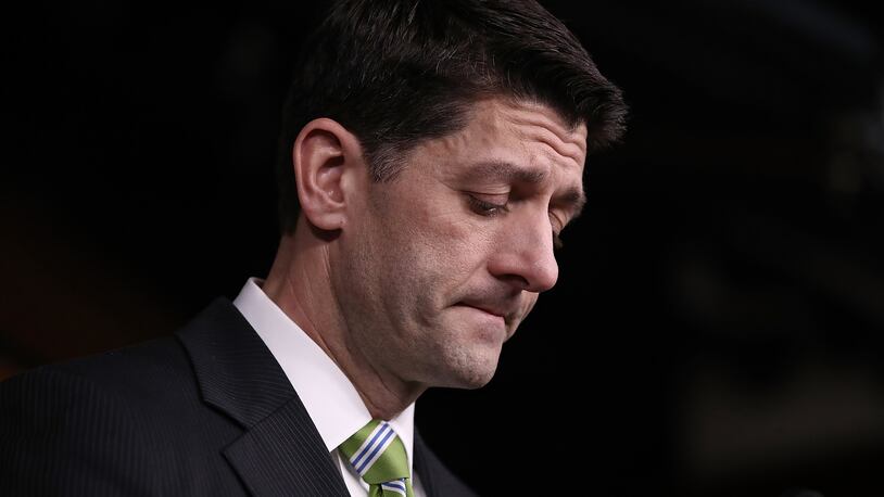 U.S. Speaker of the House Paul Ryan answers questions at a news conference at the Capitol after President Trump's healthcare bill was pulled from the floor of the House of Representatives on Friday.