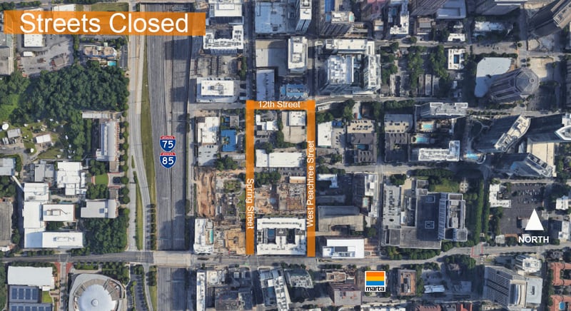Midtown Blue shared this graphic of the street closures around Monday's crane collapse at a construction site in the 1000 block of West Peachtree Street.