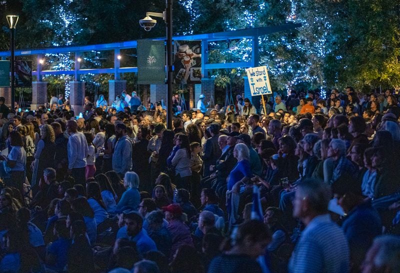 Thousands of Israel supporters gather inside and outside of City Springs in Sandy Spring on Tuesday, Oct 10, 2023 for a rally for Israel.   (Jenni Girtman for The Atlanta Journal-Constitution)