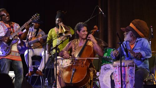 Cellist Layla McCalla plays with Haitian roots band Lakou Mizik during the Savannah Music Festival. (Photo by Frank Stewart/Savannah Music Festival)