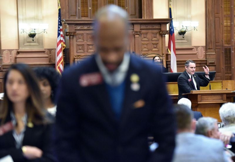 March 7, 2019 Atlanta - Democrats turn their backs on state Rep. Ed Setzler (right), an Acworth Republican, speaks to support his bill HB 481, which would outlaw abortions once a doctor can detect a heartbeat in the womb, in the House Chambers during Crossover day at the Capitol on Thursday, March 7, 2019. Hundreds of bills hang in the balance at the Georgia Capitol on Thursday, the self-imposed deadline for legislation to pass at least one chamber. Dozens of bills ranging from the hotly contested to the mundane will be debated on Crossover Day, which occurs on the 28th business day of each yearâs 40-day legislative session. HYOSUB SHIN / HSHIN@AJC.COM
