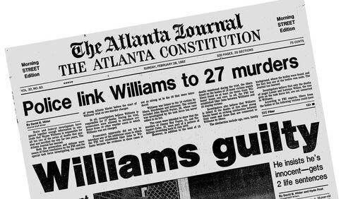 The Sunday, Feb. 28, 1982 edition of The Atlanta Journal-Constitution announces the guilty verdict in the Wayne Williams trial. (AJC Archive)