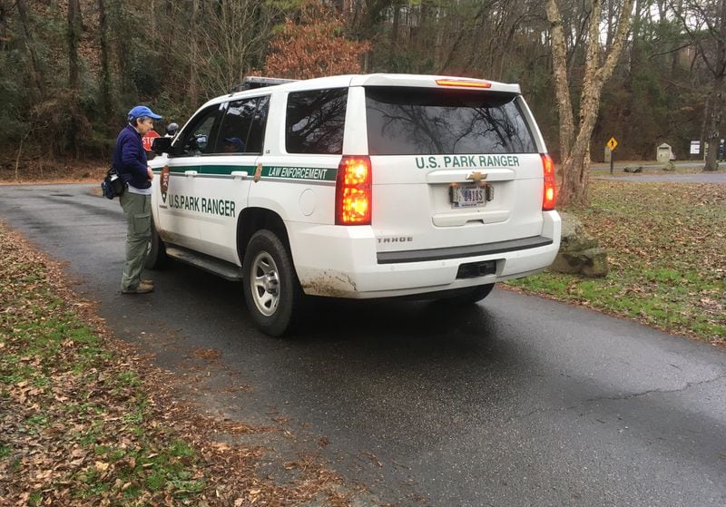 Hiker Elizabeth Marsala thanked the National Park Service ranger, one of a few on duty lately, who cruised by the Chattahoochee River National Recreation Area’s Paces Mill Unit last week. Volunteers met early one morning to pick up trash, since the Park Service site is without regular maintenance during the partial government shutdown.  