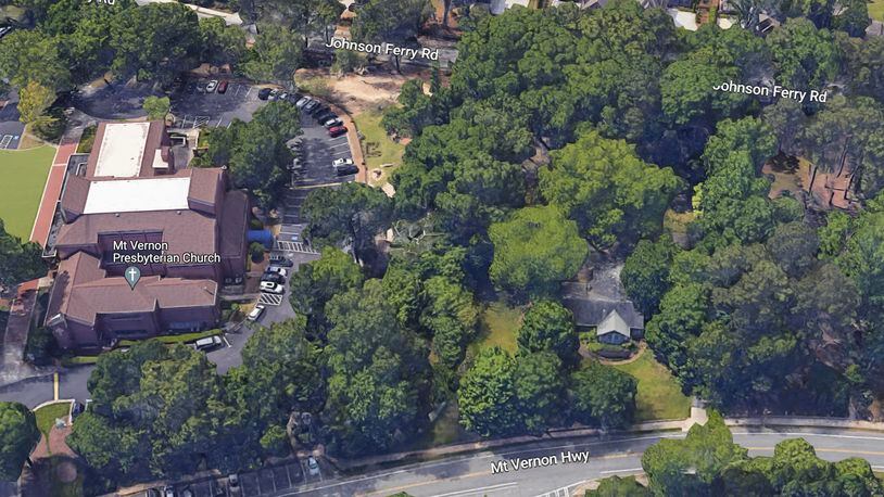 Sandy Springs is purchasing 441 Mt. Vernon Highway (shown here to the right of Mt. Vernon Presbyterian Church) to construct a connector road between Johnson Ferry Road and Mt. Vernon Highway. GOOGLE MAPS