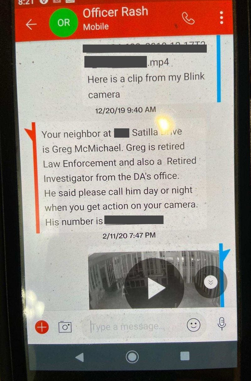 This shows a Dec. 20 text from Glynn County officer Robert Rash to Satilla Shores property owner Larry English. English was having trouble, starting last fall, with people entering the property at night. The officer said neighbor Greg McMichael, a former law enforcement officer, was willing to help. English told police nothing was ever taken from the property. (Source: Elizabeth Graddy, English's attorney)
