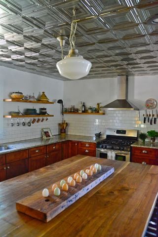 Kitchen with metal ceiling