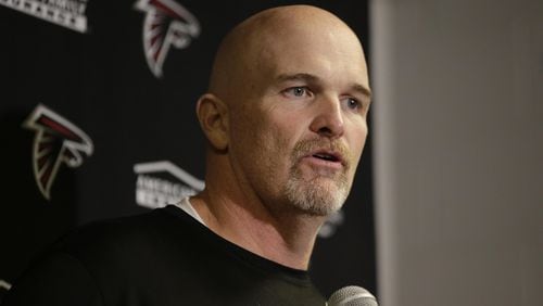 Atlanta Falcons head coach Dan Quinn speaks during a news conference after an NFL football game against the New York Jets, Sunday, Oct. 29, 2017, in East Rutherford, N.J. (AP Photo/Seth Wenig)