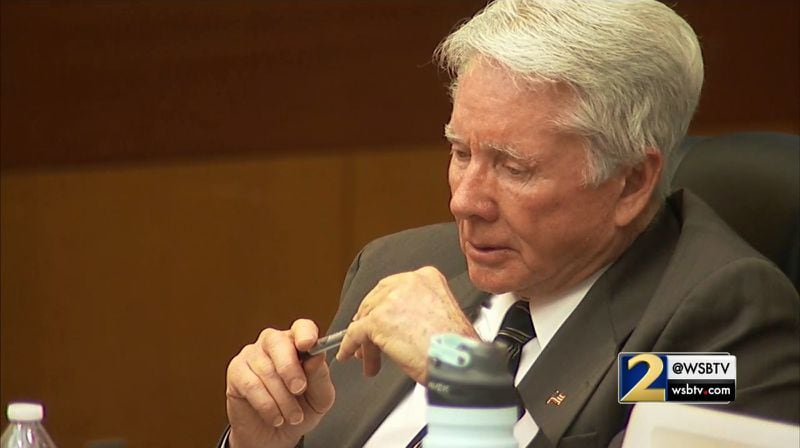 Tex McIver gets emotional while listening to Annie Anderson's account of Tex's first night home without Diane, during his murder trial on April 12, 2018 at the Fulton County Courthouse. (Channel 2 Action News)